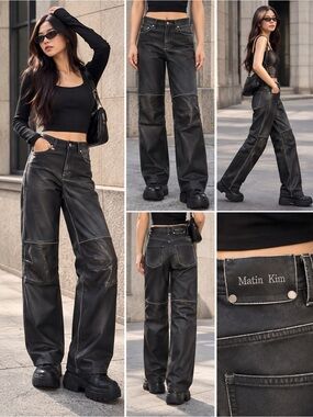 Matin Kim Black Coated Faux Leather Wide Leg Pants M NWOT